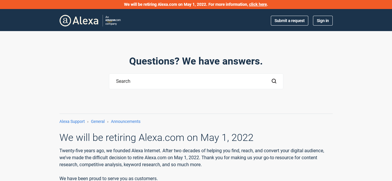موقع اليكسا Alexa لتصنيف وترتيب المواقع عالميا يعلن عن توقف خدماتة في هذا التاريخ